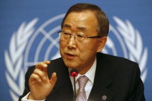 U.N. Secretary-General Ban Ki-moon gestures during a press conference at the United Nations headquarters in Geneva, Switzerland Friday, Dec. 12, 2008. Ban says the latest "very sobering" assessment of the World Bank underscores the world's economic problems. The world should act with great urgency and compassion to ease economic distress. (AP Photo/Anja Niedringhaus)