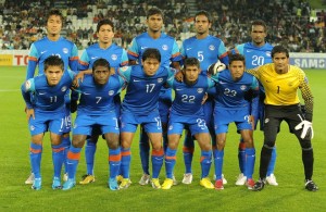 (Top L-R) India's midfielder Gouramangi Singh, midfielder Renedy Singh, forward Abhishek Yadav, defender Anwar, midfielder Climax Lawrence, (Bottom L-R) forward Sunil Chhetri, midfielder Naduparambil Pappachen Pradeep, defender Irungbam Singh, forward Syed Rahim Nabi, midfielder Steven Benedic Dias and goalkeeper Paul Subrata pose for a group picture before their 2011 Asian Cup group C football match against Bahrain at Al-Sadd Stadium in the Qatari capital Doha on January 14, 2011. AFP PHOTO / MANAN VATSYAYANA (Photo credit should read MANAN VATSYAYANA/AFP/Getty Images)