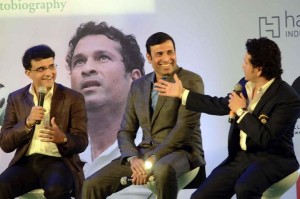 Former cricketers Saurav Ganguly, V. V. S. Laxman and Sachin Tendulkar at the launch Tendulkar's autobiography `Playing It My Way` in Mumbai, on Nov 5, 2014. (Photo: Sandeep Mahankal/IANS)